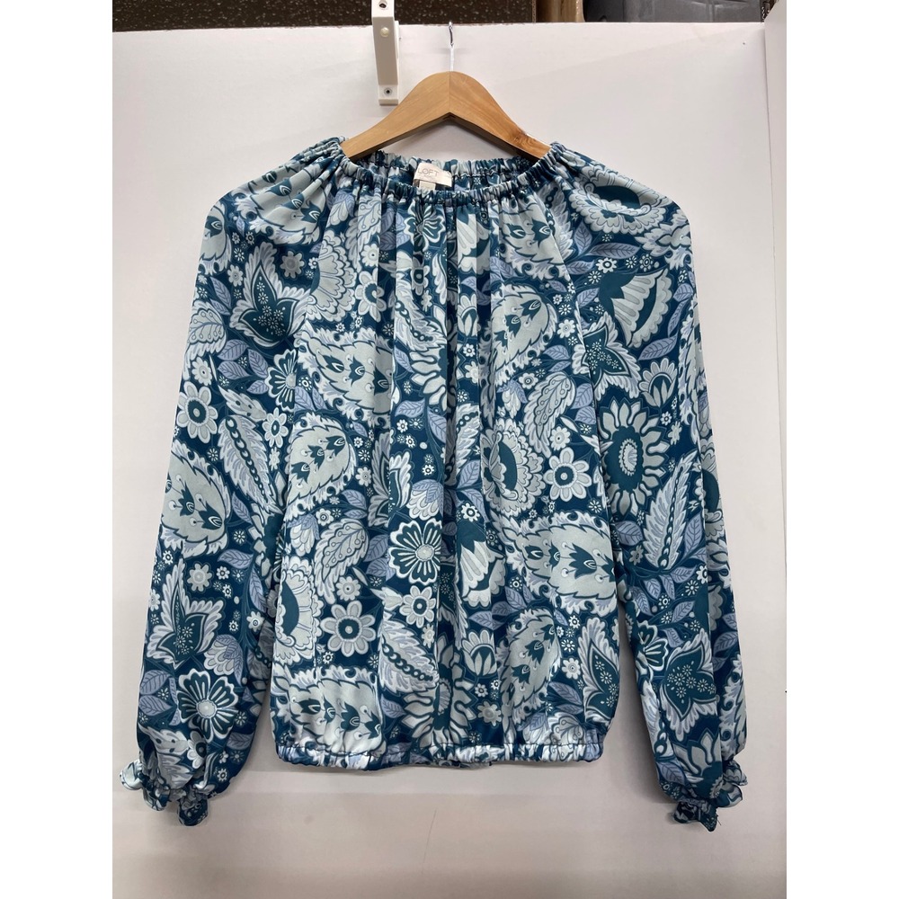 Loft‎ Outlet Blue Paisley Floral Blouse Elastic Neck Ruffle Cuff XS